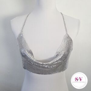 Silver sequin crop halter top with silver chain straps